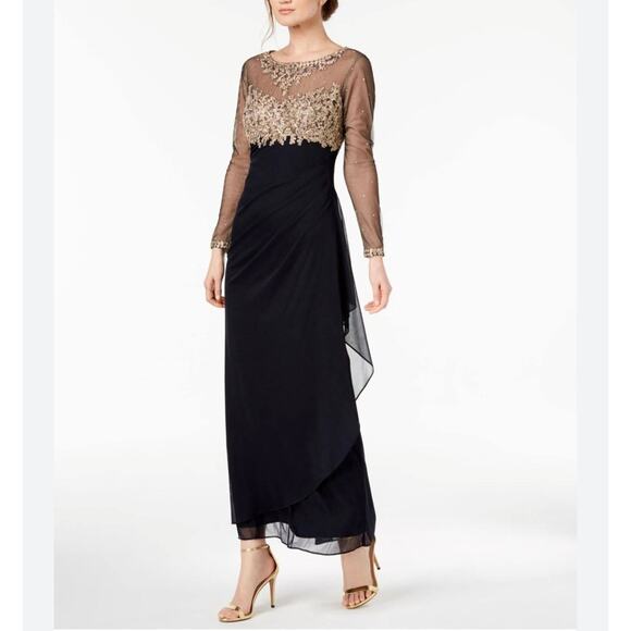 XScape 10 Dress Gown Noah Illusion Lace Long Sleeve Ruched Navy Embroidered NWT - Picture 1 of 16